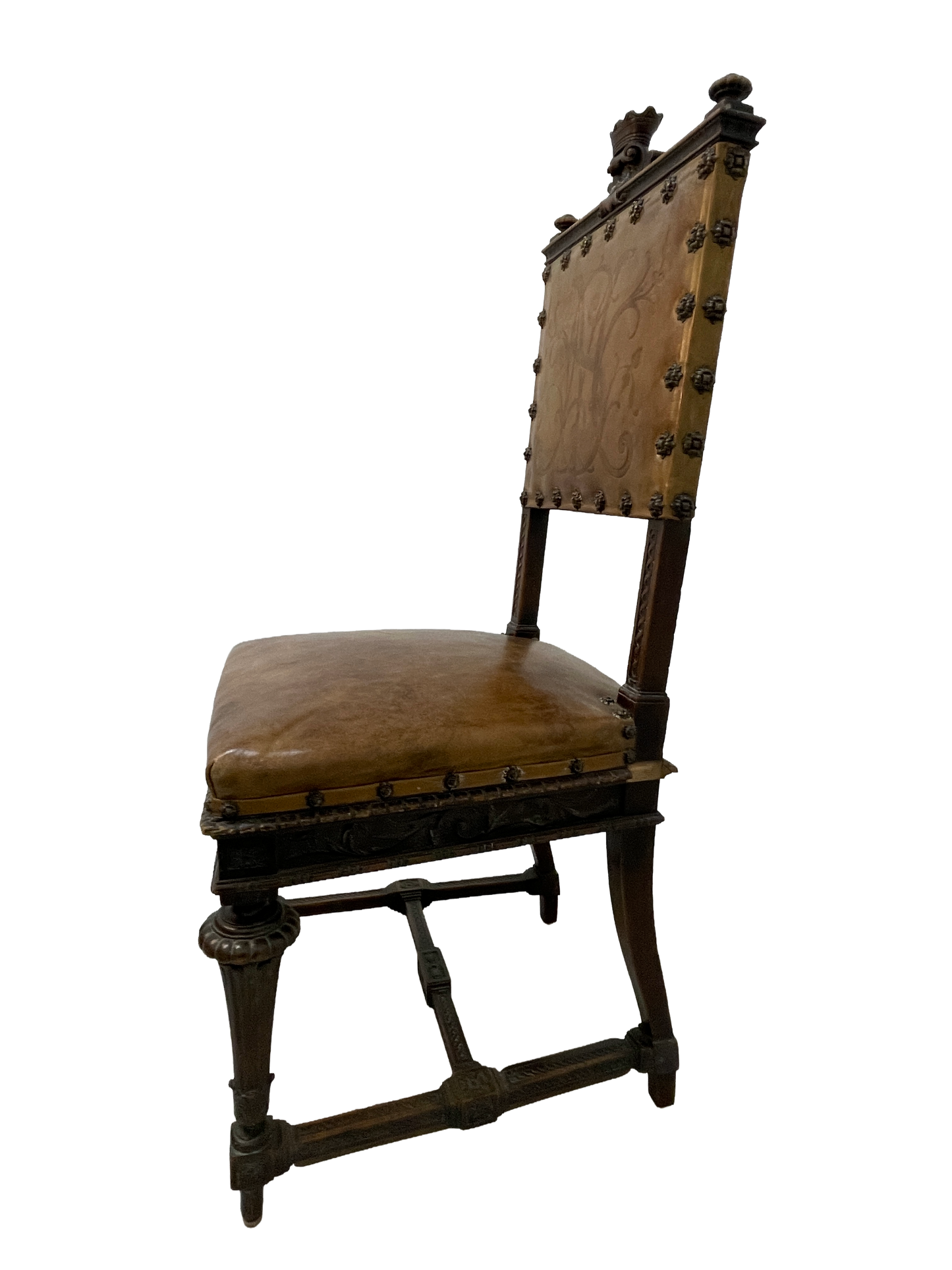 Set of 8 Italian Walnut Dining Chairs with Embossed Leather, Late 19th Century