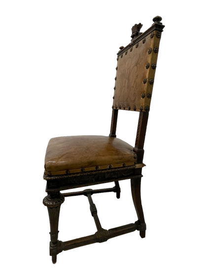 Set of 8 Italian Walnut Dining Chairs with Embossed Leather, Late 19th Century