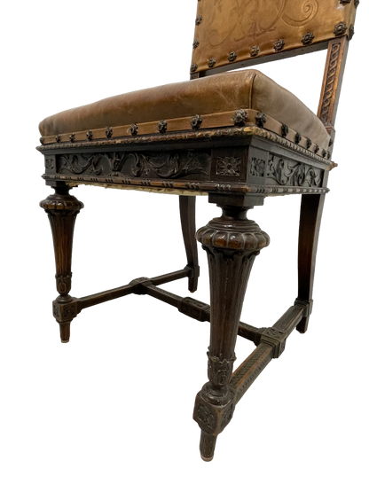 Set of 8 Italian Walnut Dining Chairs with Embossed Leather, Late 19th Century