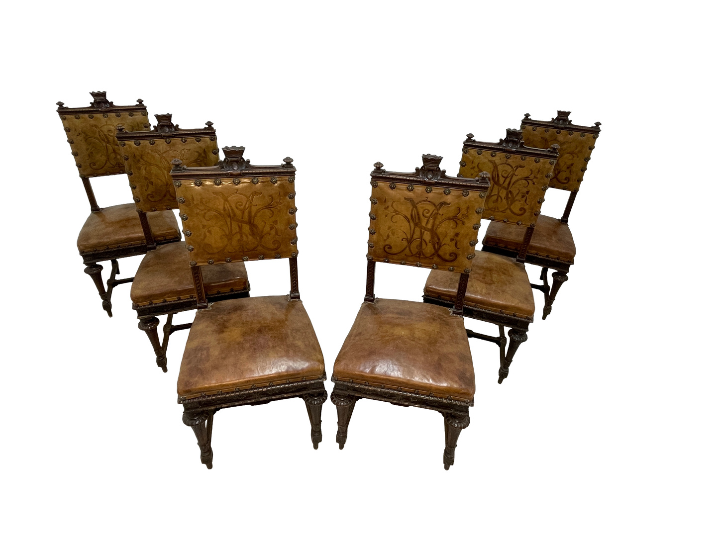 Set of 8 Italian Walnut Dining Chairs with Embossed Leather, Late 19th Century