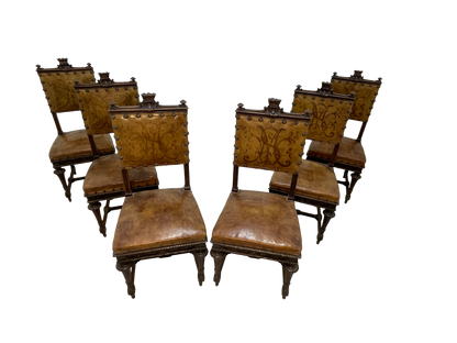 Set of 8 Italian Walnut Dining Chairs with Embossed Leather, Late 19th Century
