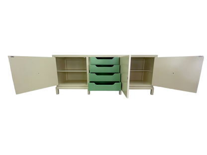 James Mont Style Lacquered Credenza in Cream & Mint Green, Hollywood Regency, 1960s (Attributed)
