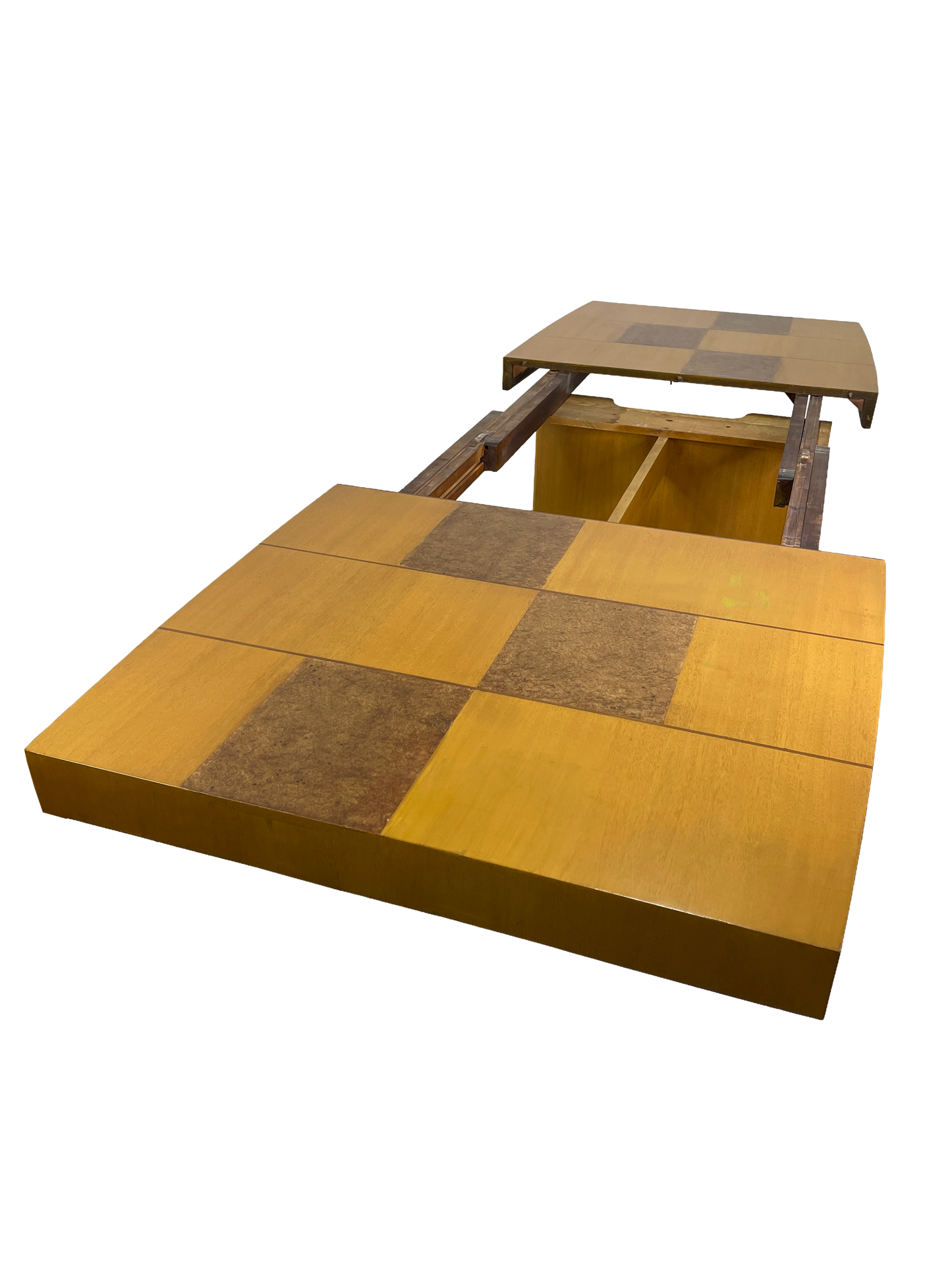 Sculptural Mid-Century Blonde Mahogany Dining Table by Herman Miller With Burlwood Patchwork Top & Leaves, 1940s
