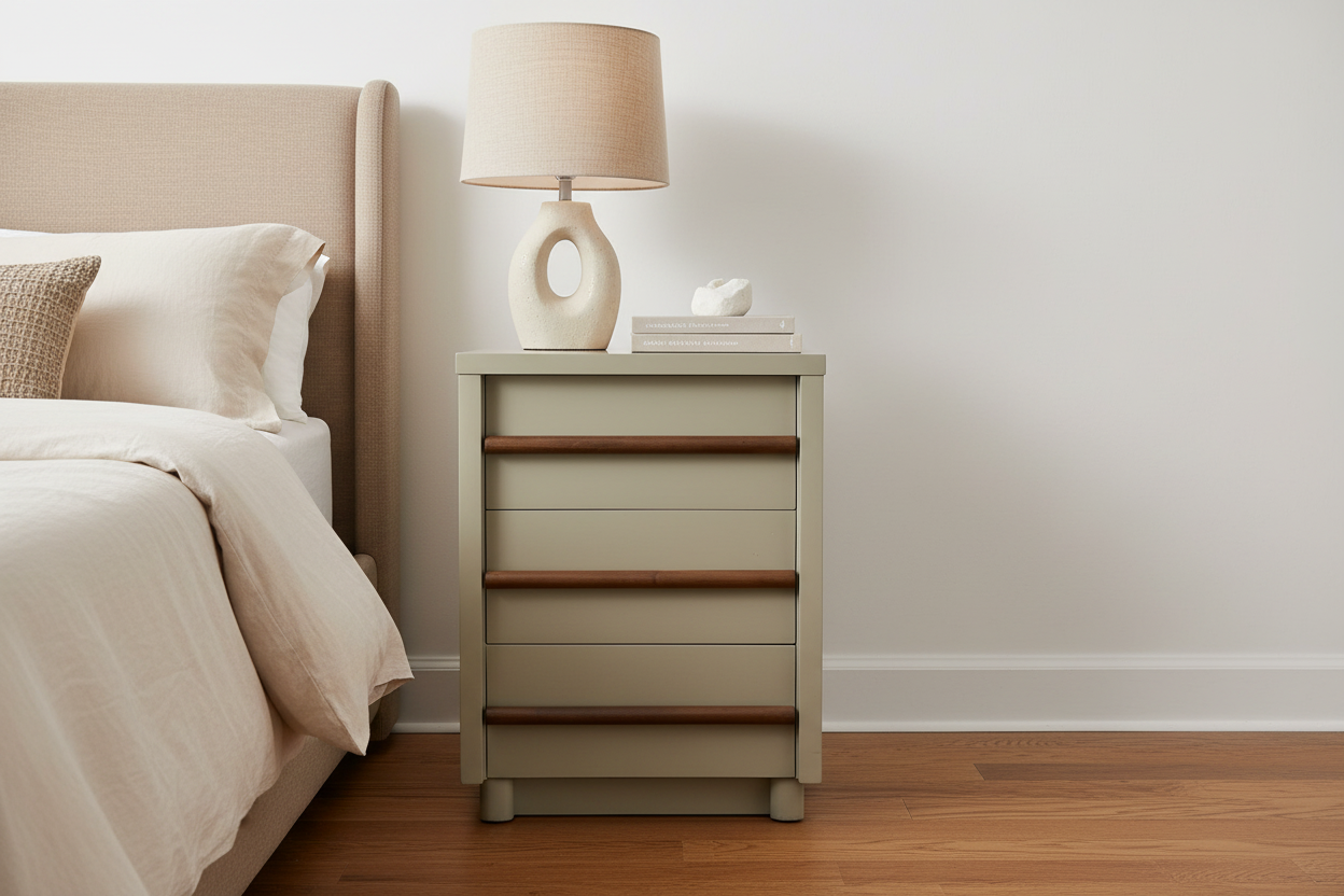 Lifestyle image of a restored American of Martinsville nightstand in chestnut gray lacquer with walnut drawer pulls styled beside a neutral upholstered bed in a warm organic modern bedroom interior.