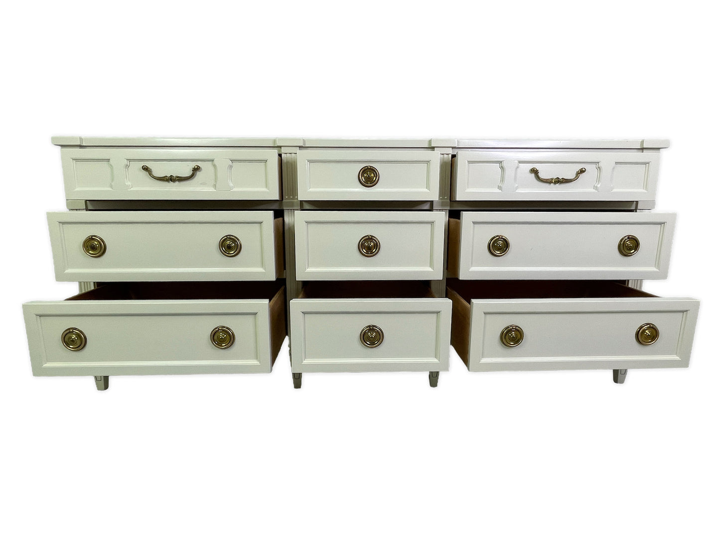 American of Martinsville dresser with drawers open showing clean interiors, off-white lacquer finish front view
