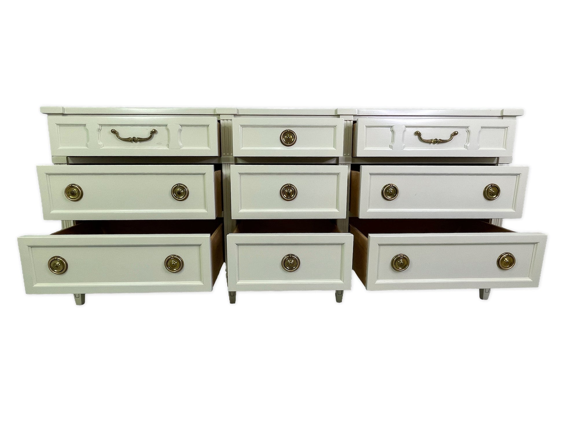 American of Martinsville dresser with drawers open showing clean interiors, off-white lacquer finish front view
