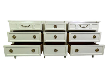 American of Martinsville dresser with drawers open showing clean interiors, off-white lacquer finish front view
