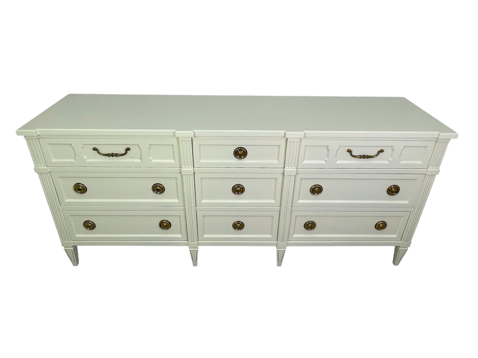 American of Martinsville dresser in off-white lacquer with brass hardware, 1970s top surface
