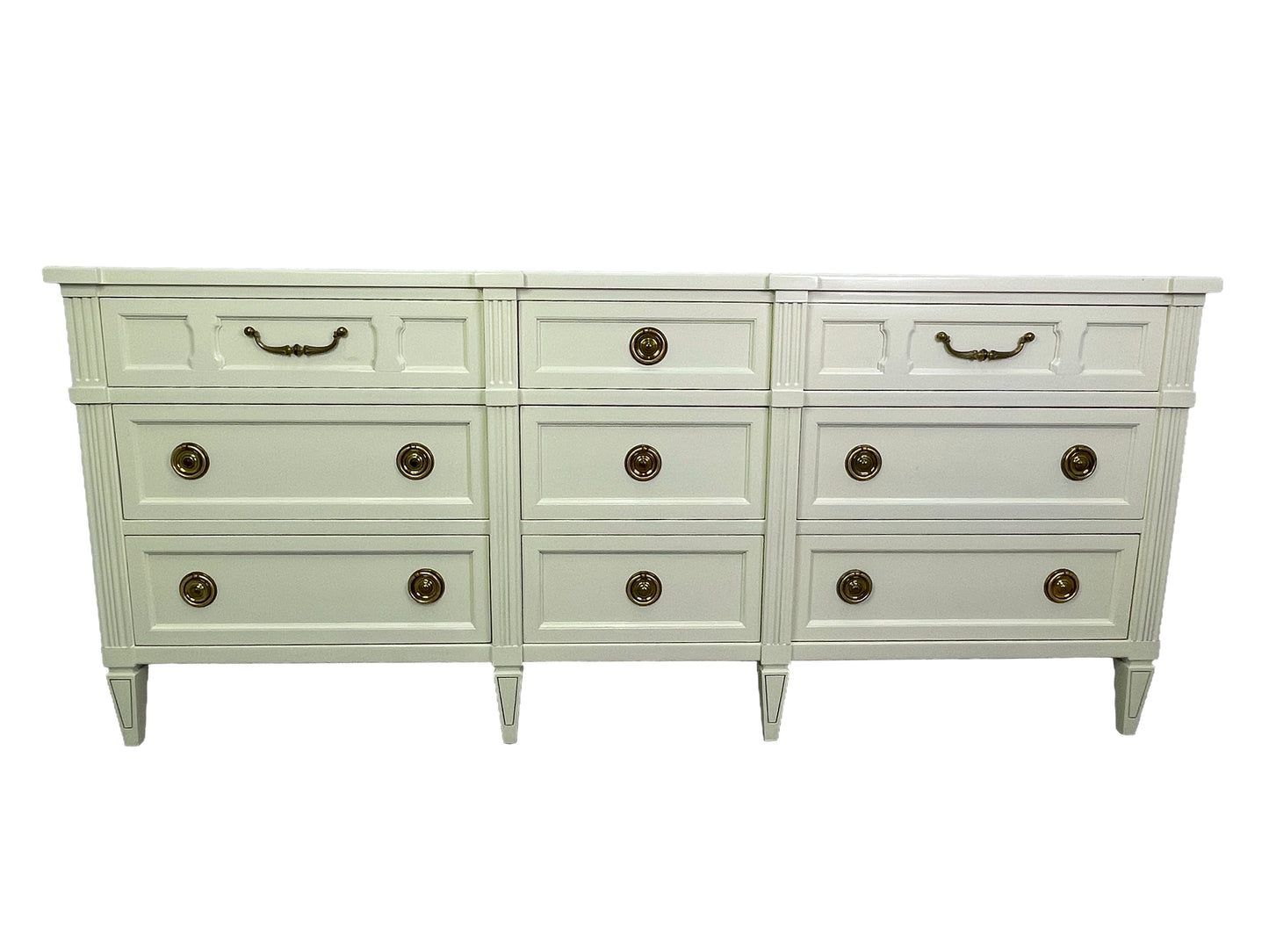American of Martinsville dresser in off-white lacquer with brass hardware, 1970s front view
