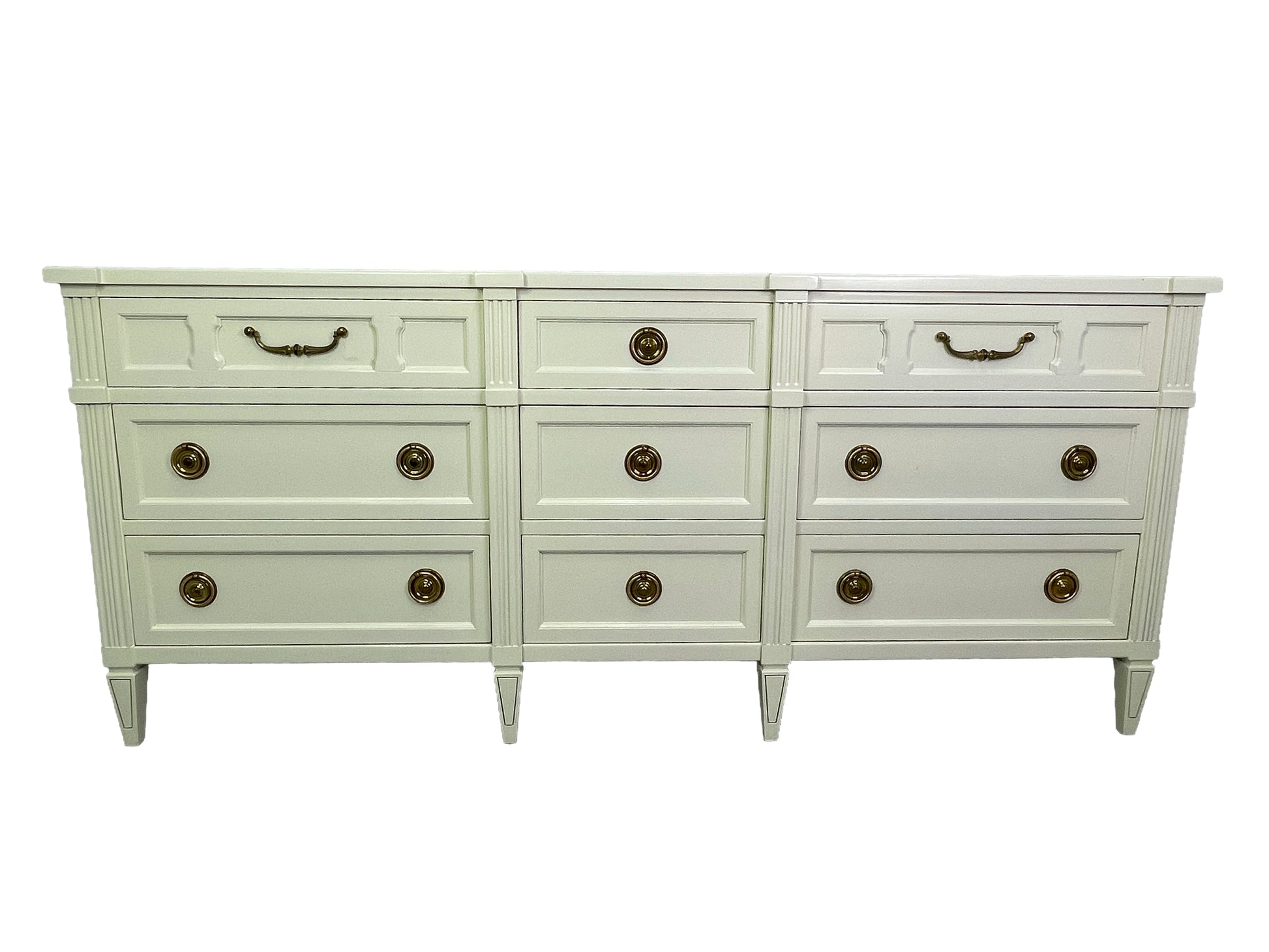 American of Martinsville dresser in off-white lacquer with brass hardware, 1970s front view
