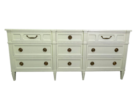 American of Martinsville dresser in off-white lacquer with brass hardware, 1970s front view
