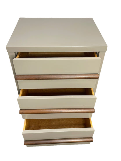 Single American of Martinsville nightstand with three open drawers, walnut pulls, and chestnut gray lacquer finish.