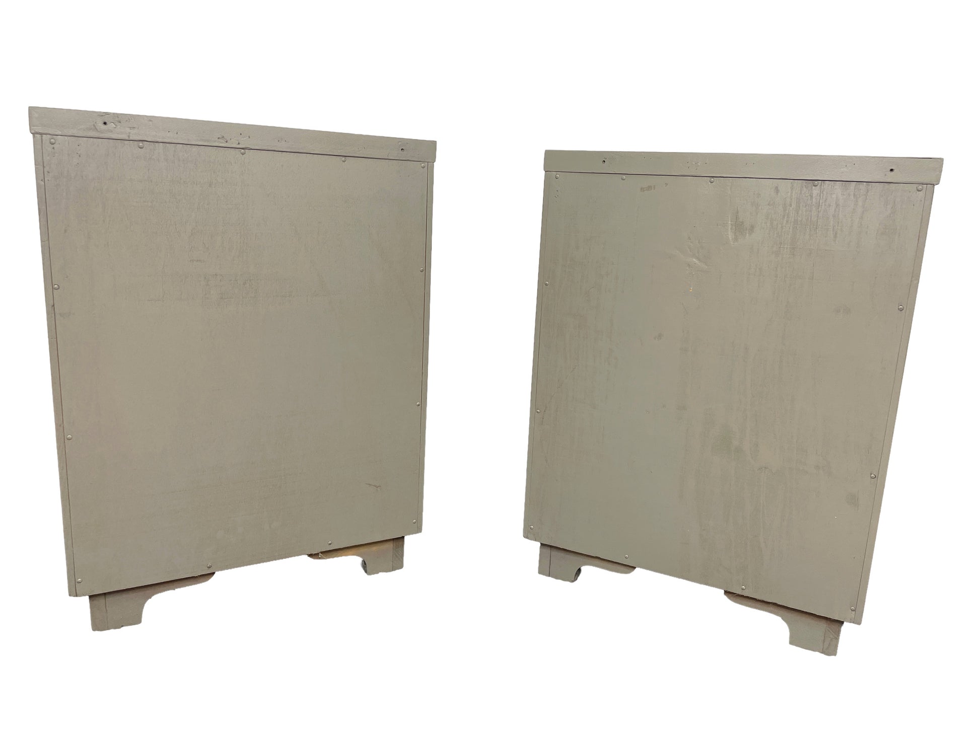 Back view of a restored pair of American of Martinsville nightstands with chestnut gray lacquer finish.