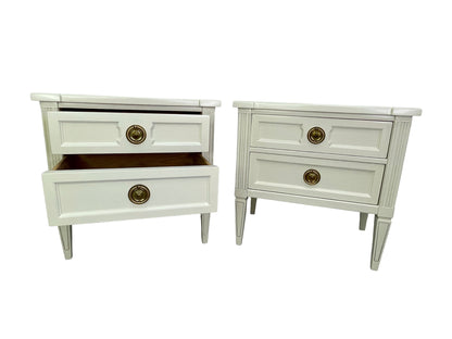 American of Martinsville nightstands with drawers open showing clean interiors, off-white lacquer finish front view

