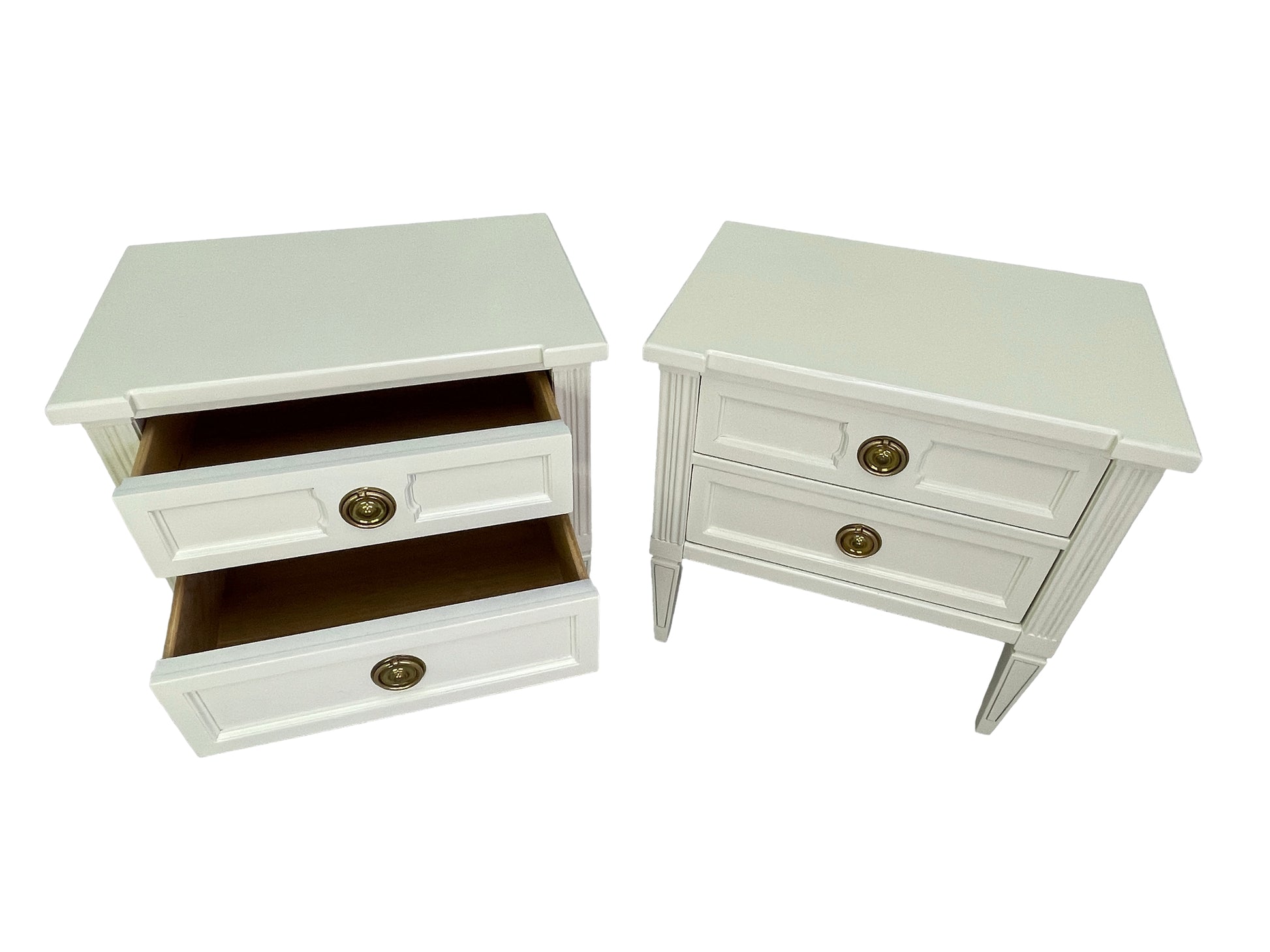 American of Martinsville nightstands with drawers open showing clean interiors, off-white lacquer finish top surface
