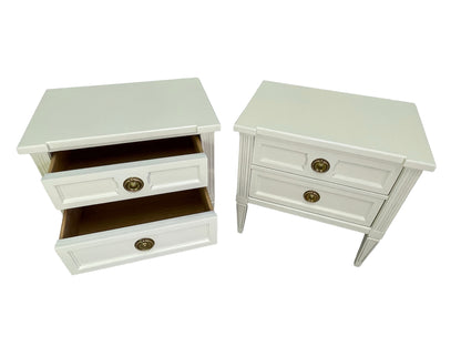 American of Martinsville nightstands with drawers open showing clean interiors, off-white lacquer finish top surface
