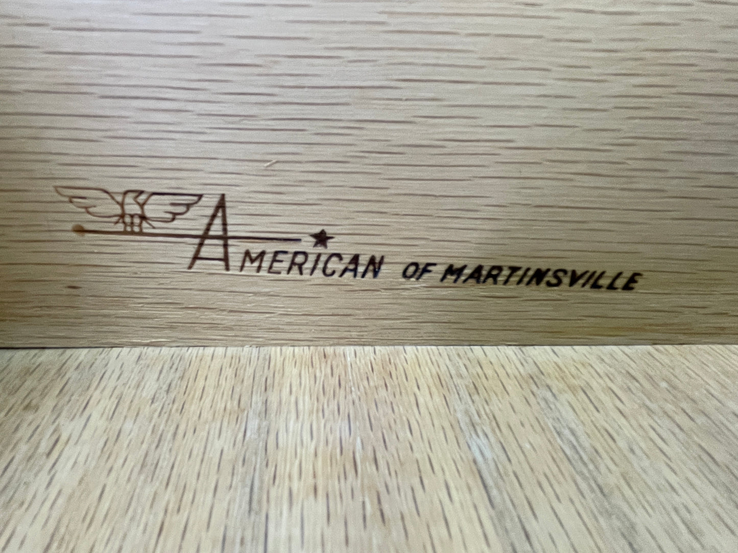 American of Martinsville maker’s mark inside drawer, vintage furniture label