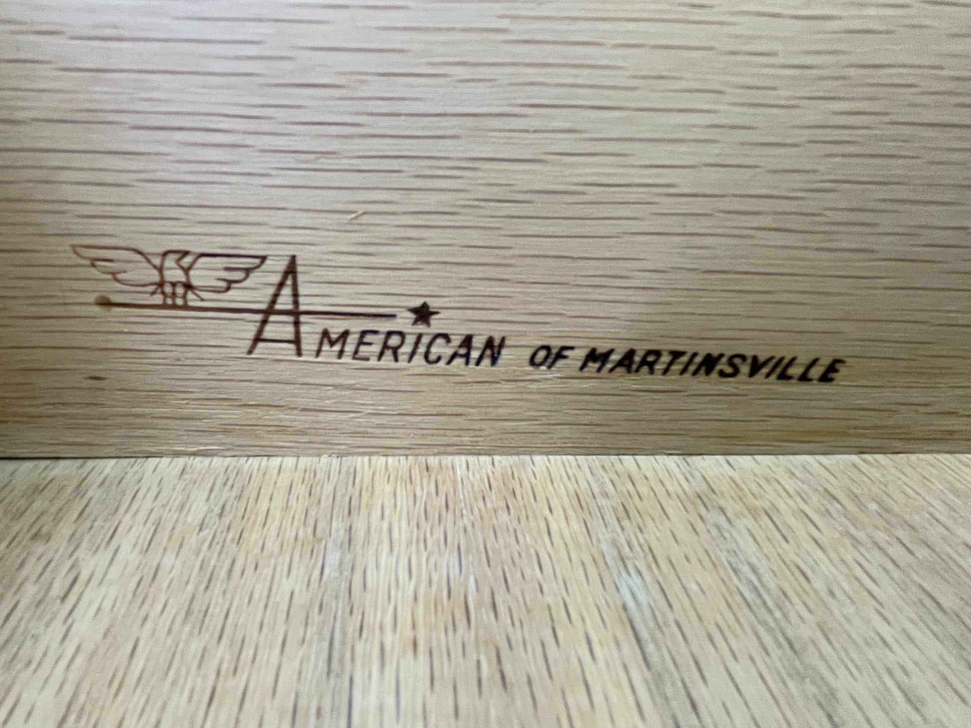 American of Martinsville maker’s mark inside drawer, vintage furniture label