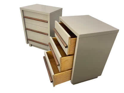 Pair of restored American of Martinsville nightstands with open dovetail drawers, walnut pulls, and chestnut gray lacquer finish.