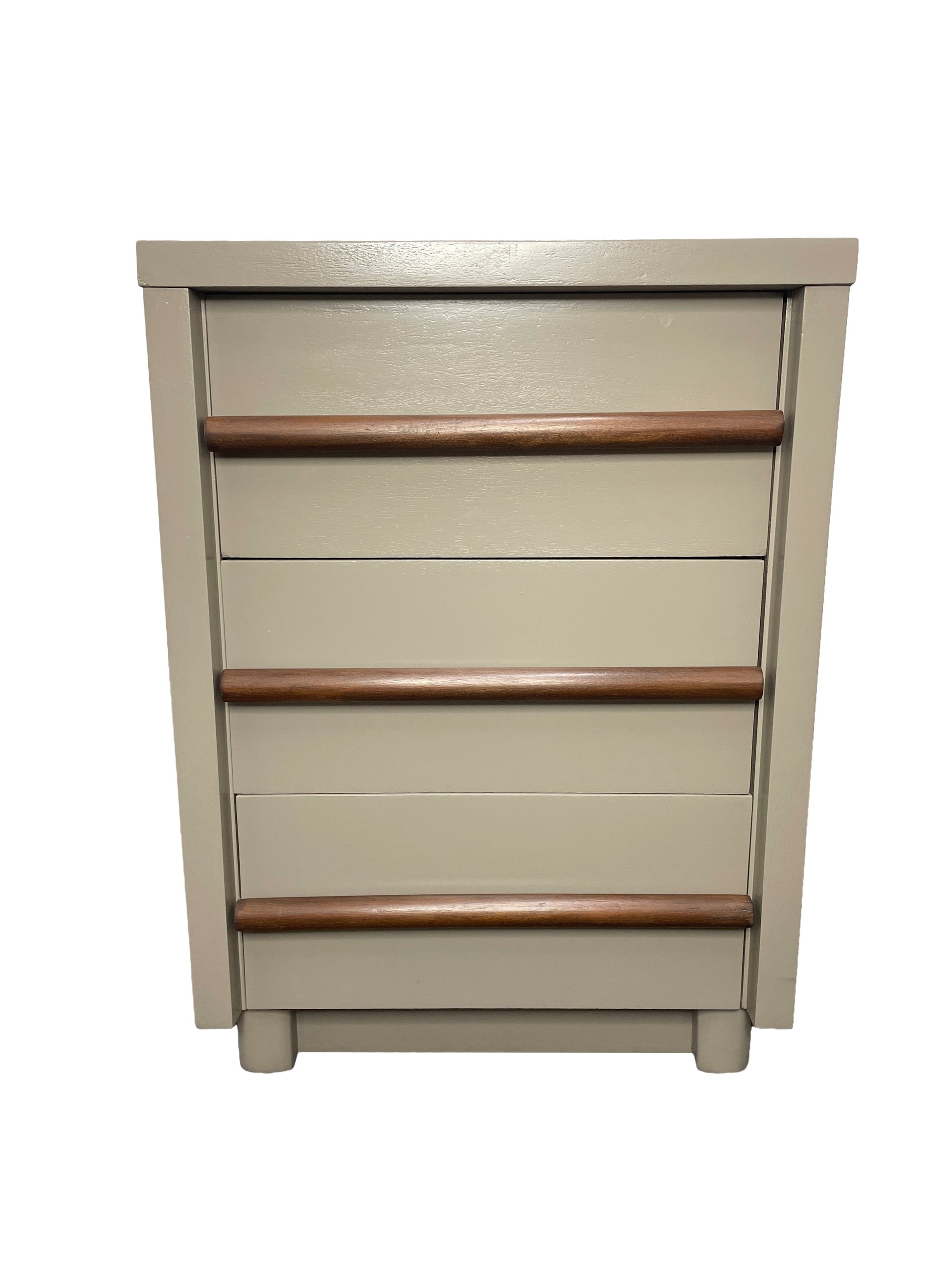 Front view of a restored American of Martinsville three-drawer nightstand with walnut pulls and chestnut gray lacquer finish.
