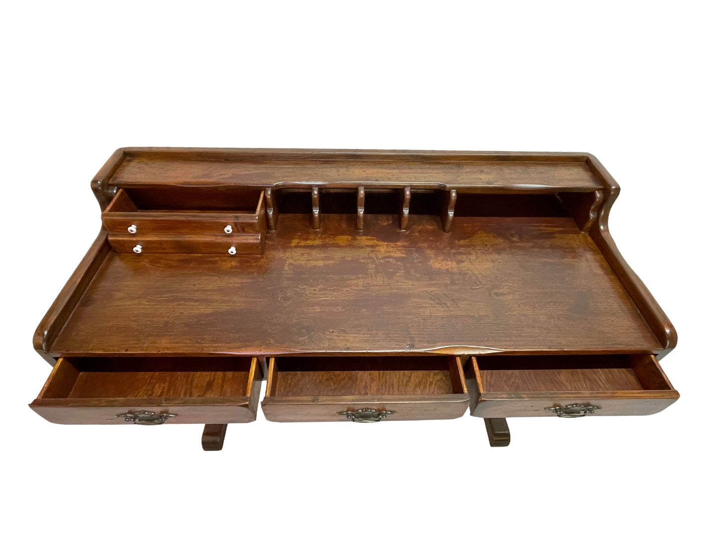 Victorian solid pine writing desk with open drawers, document organizer compartments, porcelain knobs, and original brass hardware.