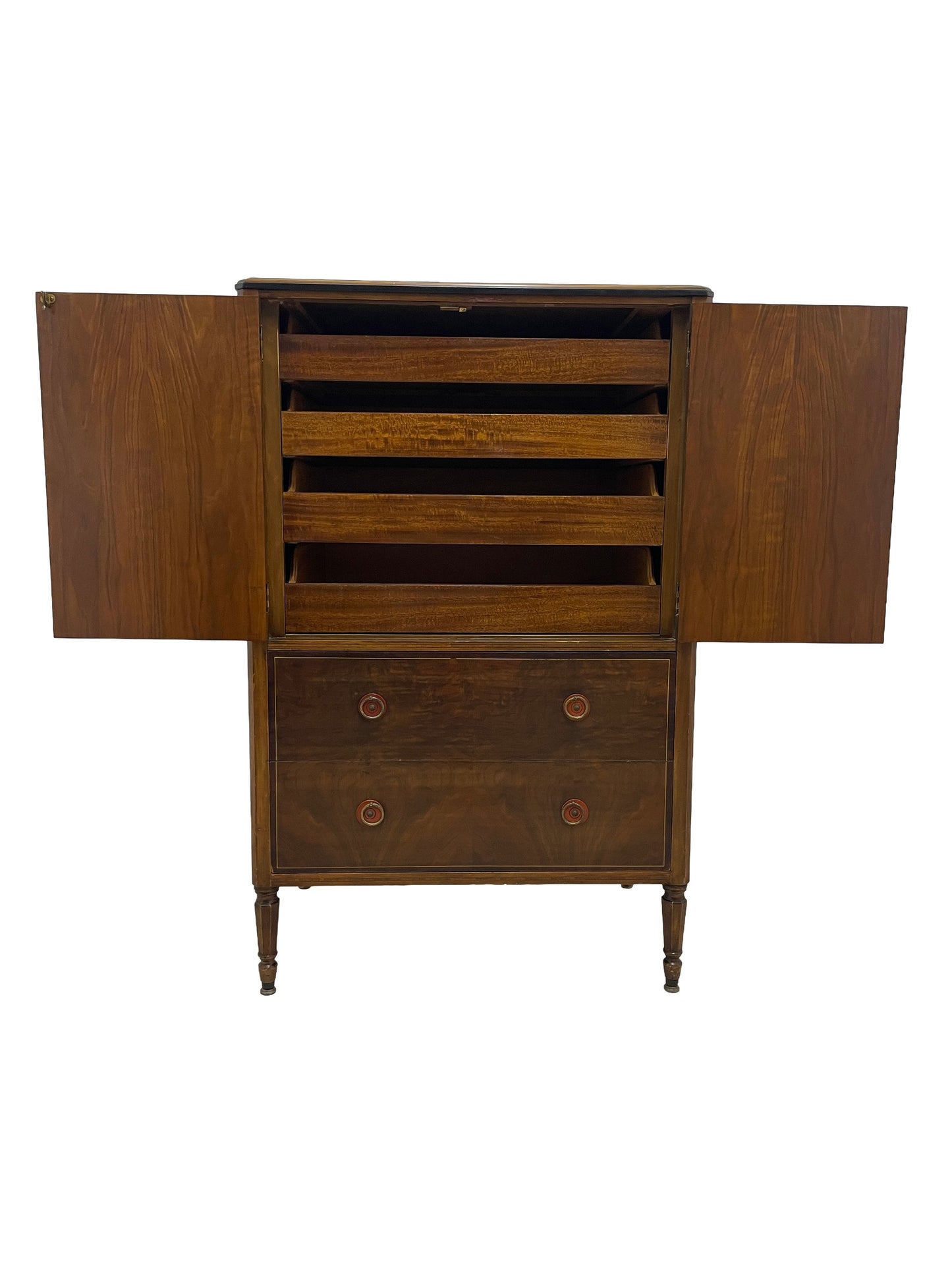 Interior shelving and compartments inside vintage Sligh Art Deco cabinet