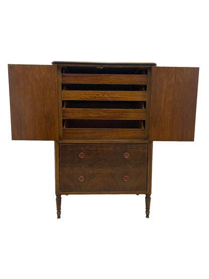 Interior shelving and compartments inside vintage Sligh Art Deco cabinet