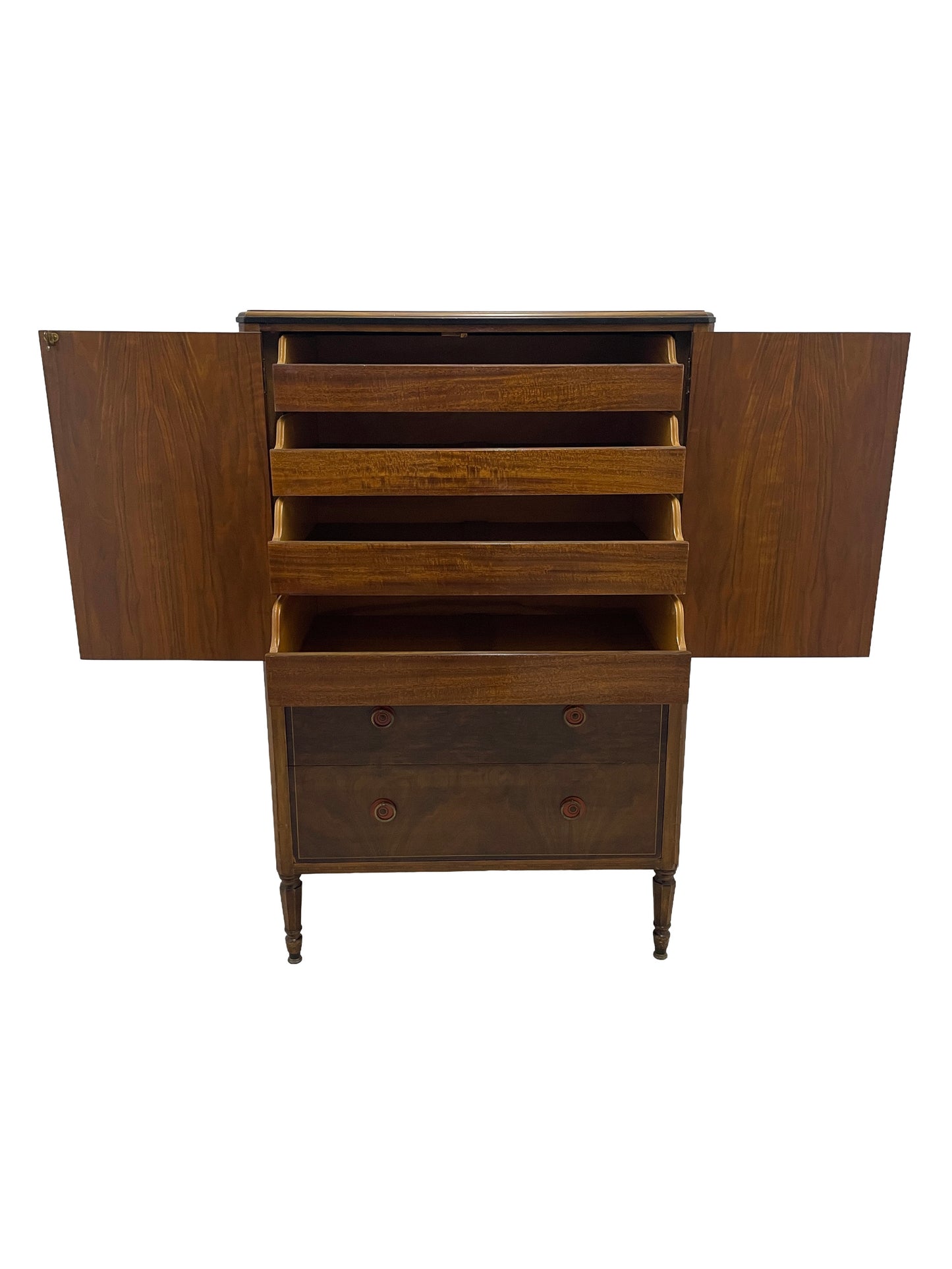Interior view of Sligh Art Deco cabinet with doors open showing upper storage compartments