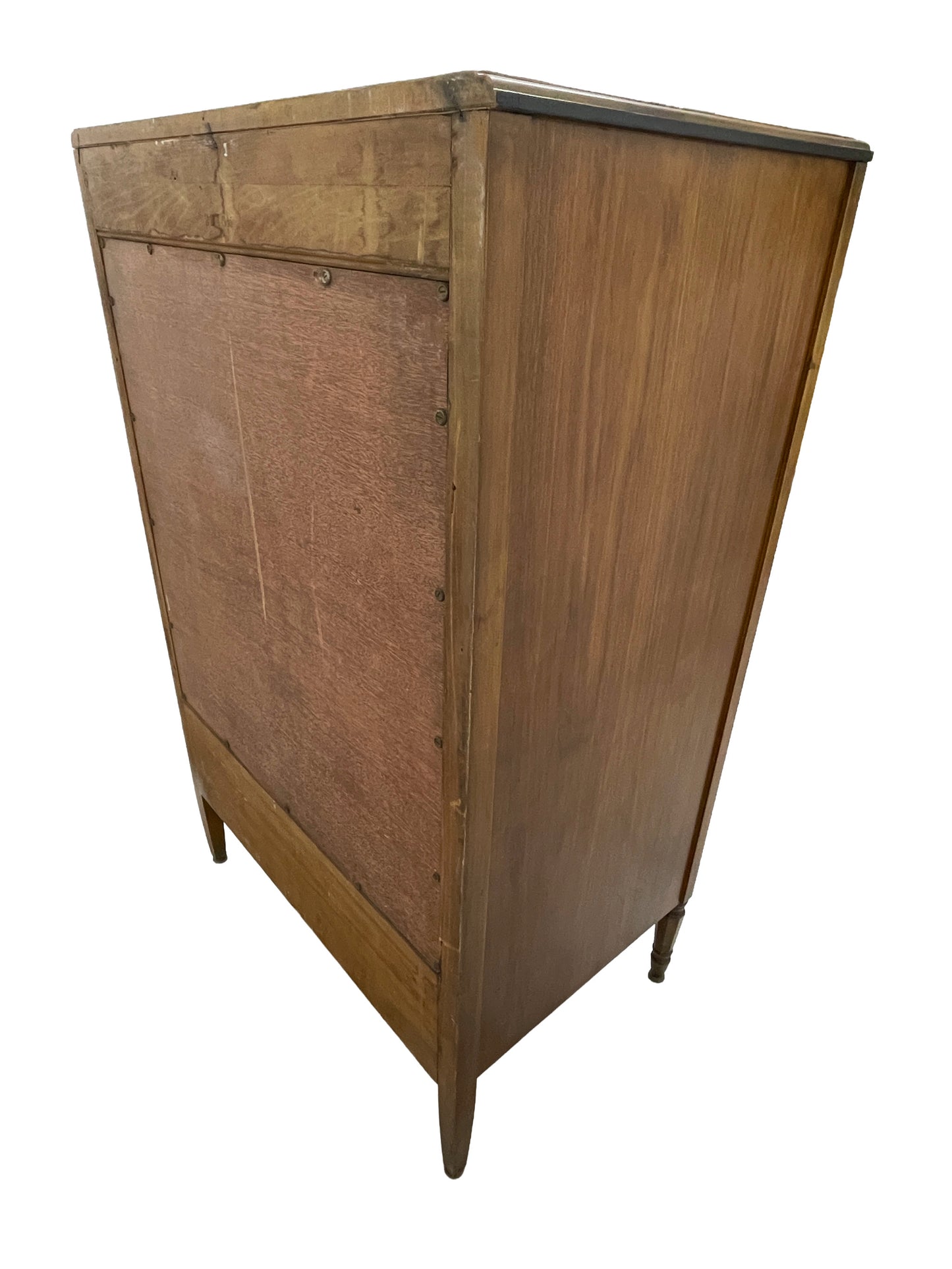 Angled back corner view of vintage Sligh Art Deco cabinet showing rear panel and side wood grain