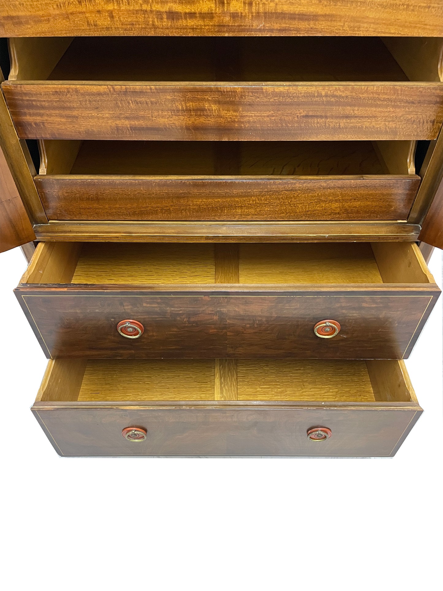 Vintage Sligh cabinet with doors and drawers open showing interior storage compartments