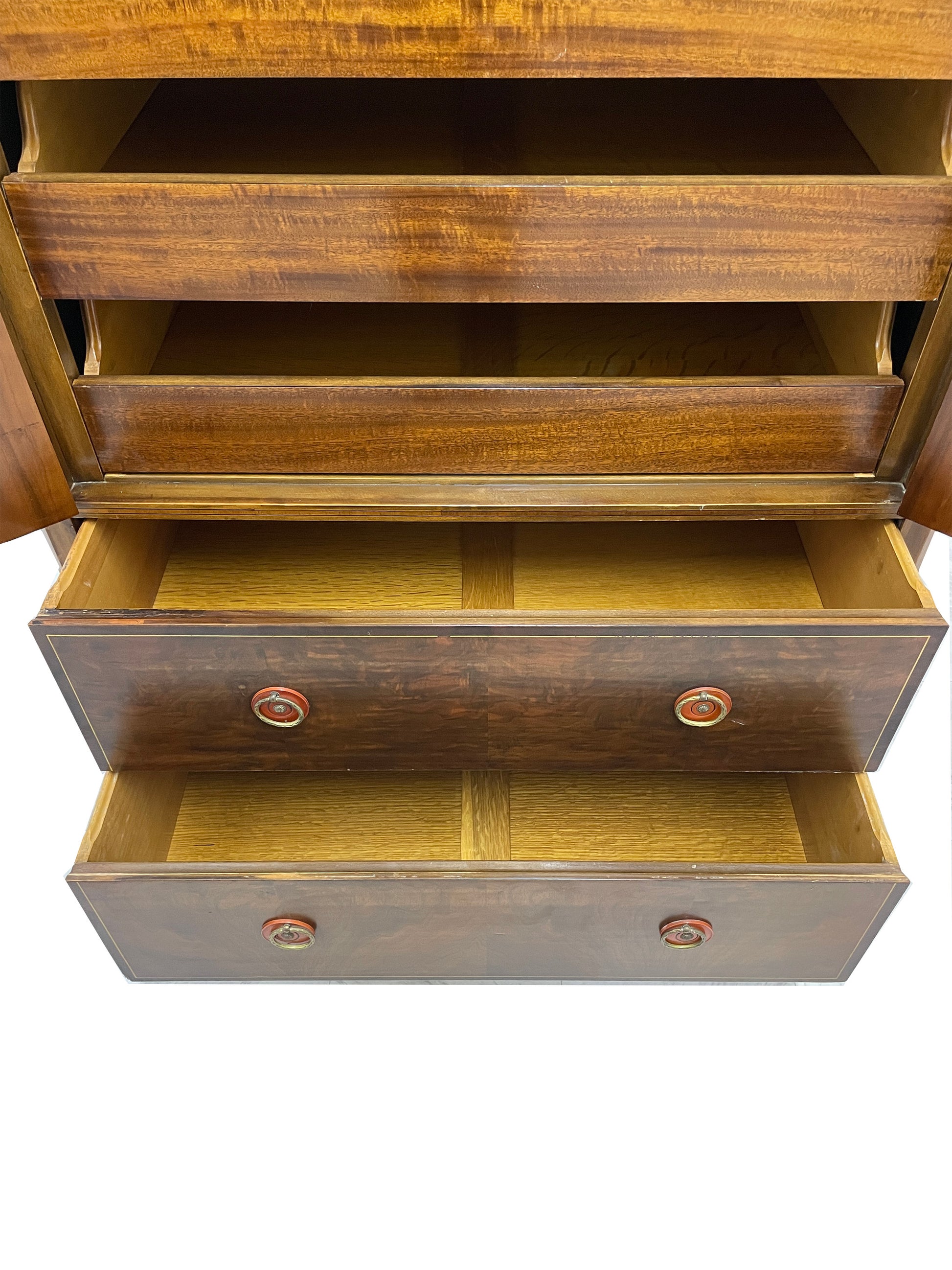 Vintage Sligh cabinet with doors and drawers open showing interior storage compartments
