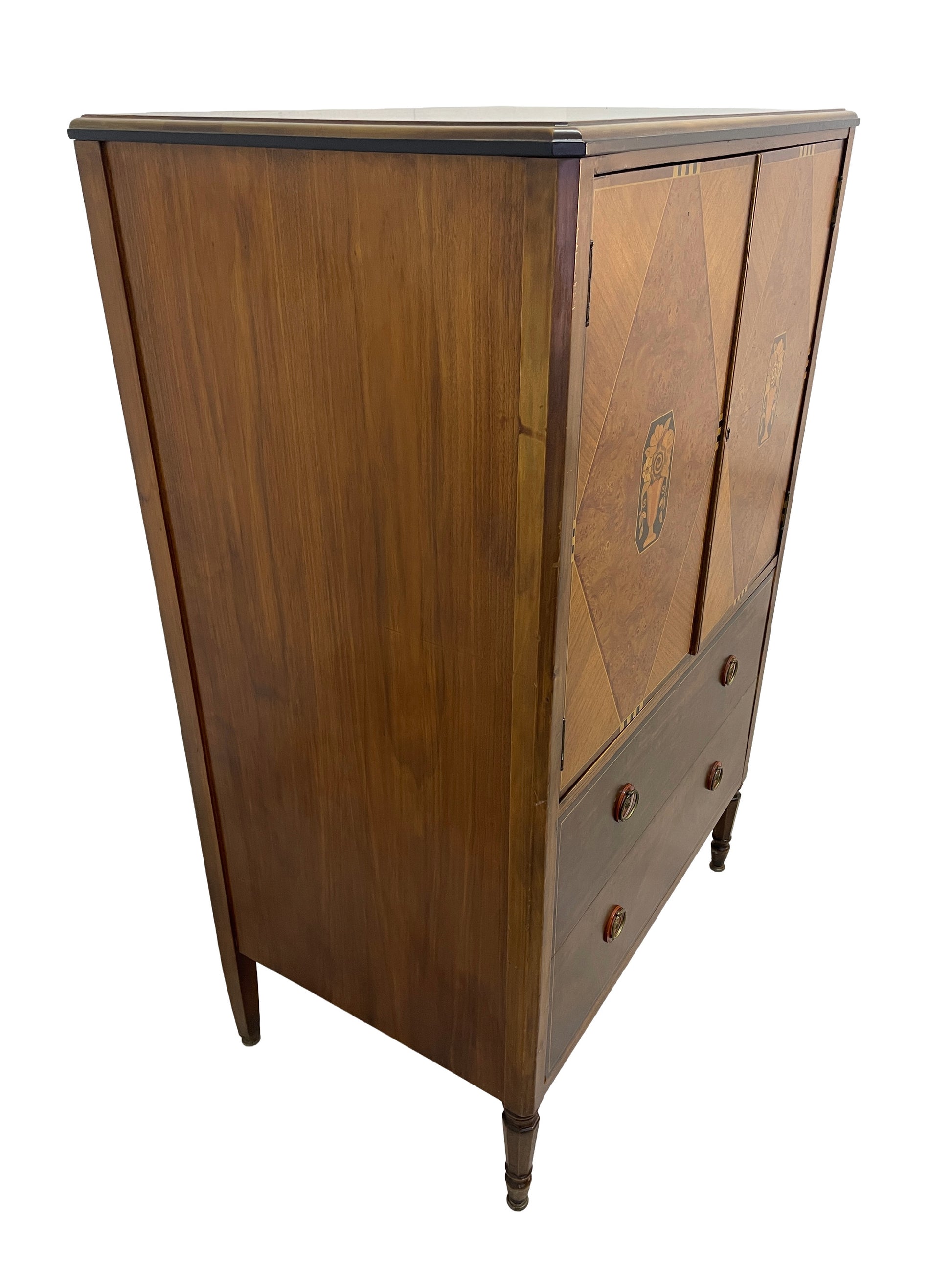 Angled left view of Sligh Art Deco cabinet showing burlwood doors and side panel