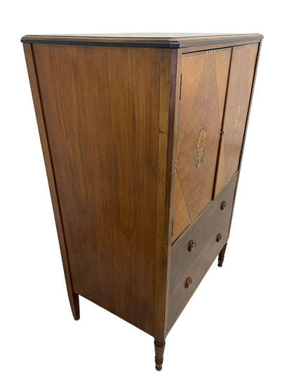 Angled left view of Sligh Art Deco cabinet showing burlwood doors and side panel