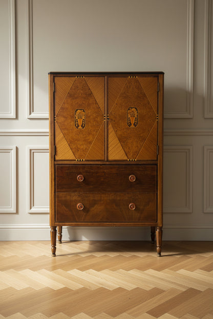 Art Deco Sligh cabinet in burl walnut with inlaid doors and lower drawers, front view, in lifestyle environment