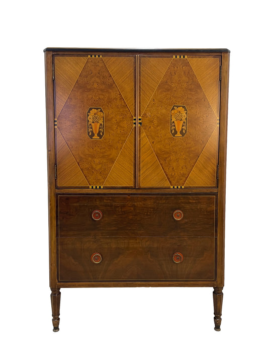 Art Deco Sligh cabinet in burl walnut with inlaid doors and lower drawers, front view