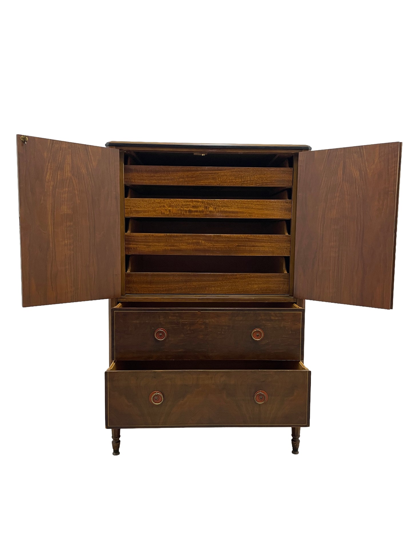 Fully opened Sligh Art Deco cabinet with doors and drawers open showing storage capacity