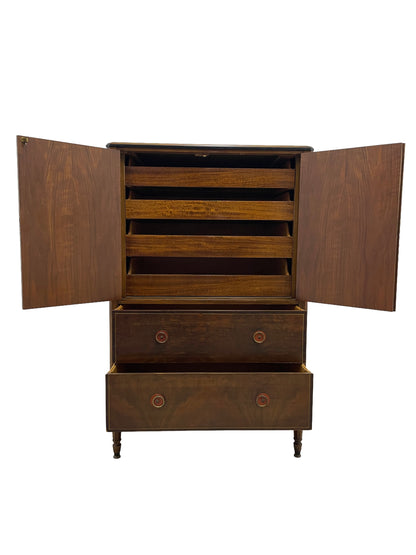 Fully opened Sligh Art Deco cabinet with doors and drawers open showing storage capacity