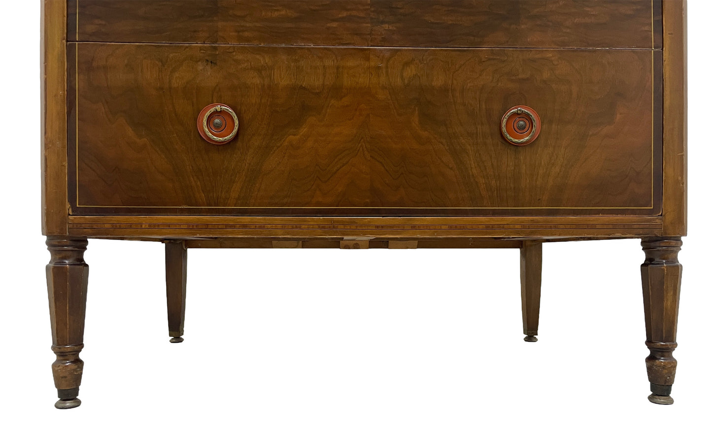 Detail of lower drawers and tapered legs on vintage Sligh Art Deco cabinet