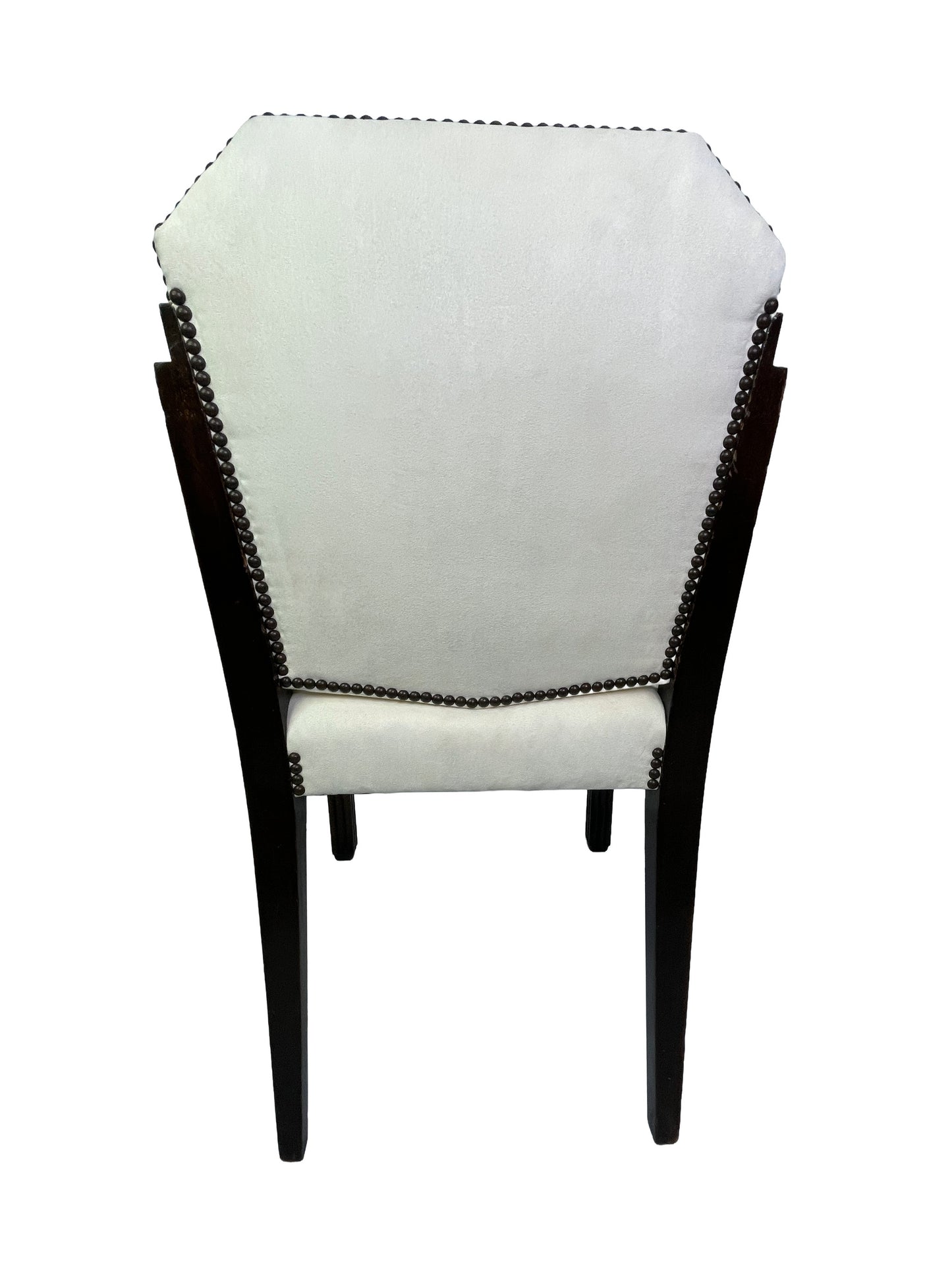 Rear view of a vintage Art Deco style side chair featuring ivory suede-like upholstery, decorative nailhead trim, and dark wood legs.