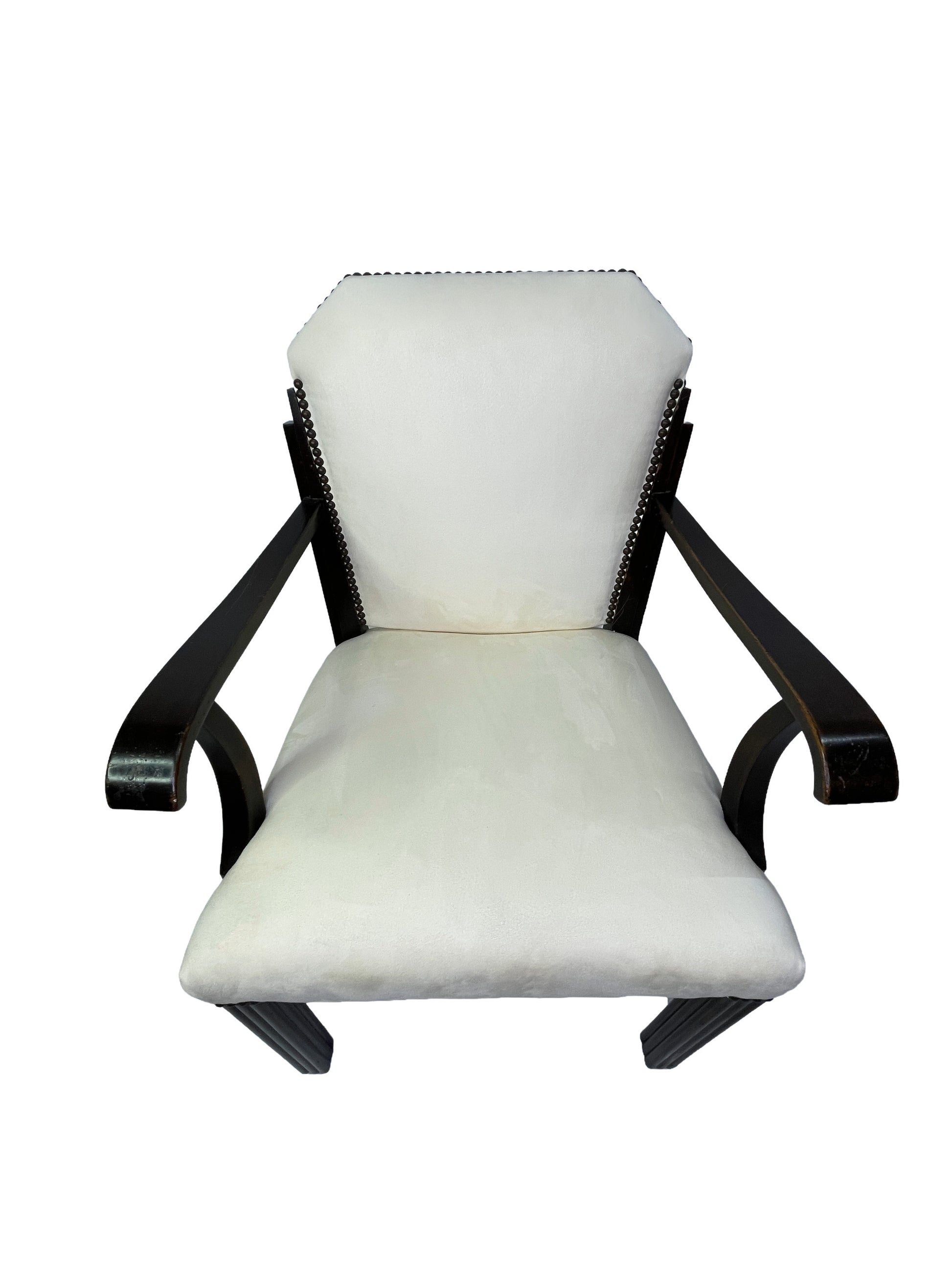 Head-on view of a vintage Art Deco style dining armchair with ivory upholstered seat and back, dark mahogany frame, and curved wooden arms.