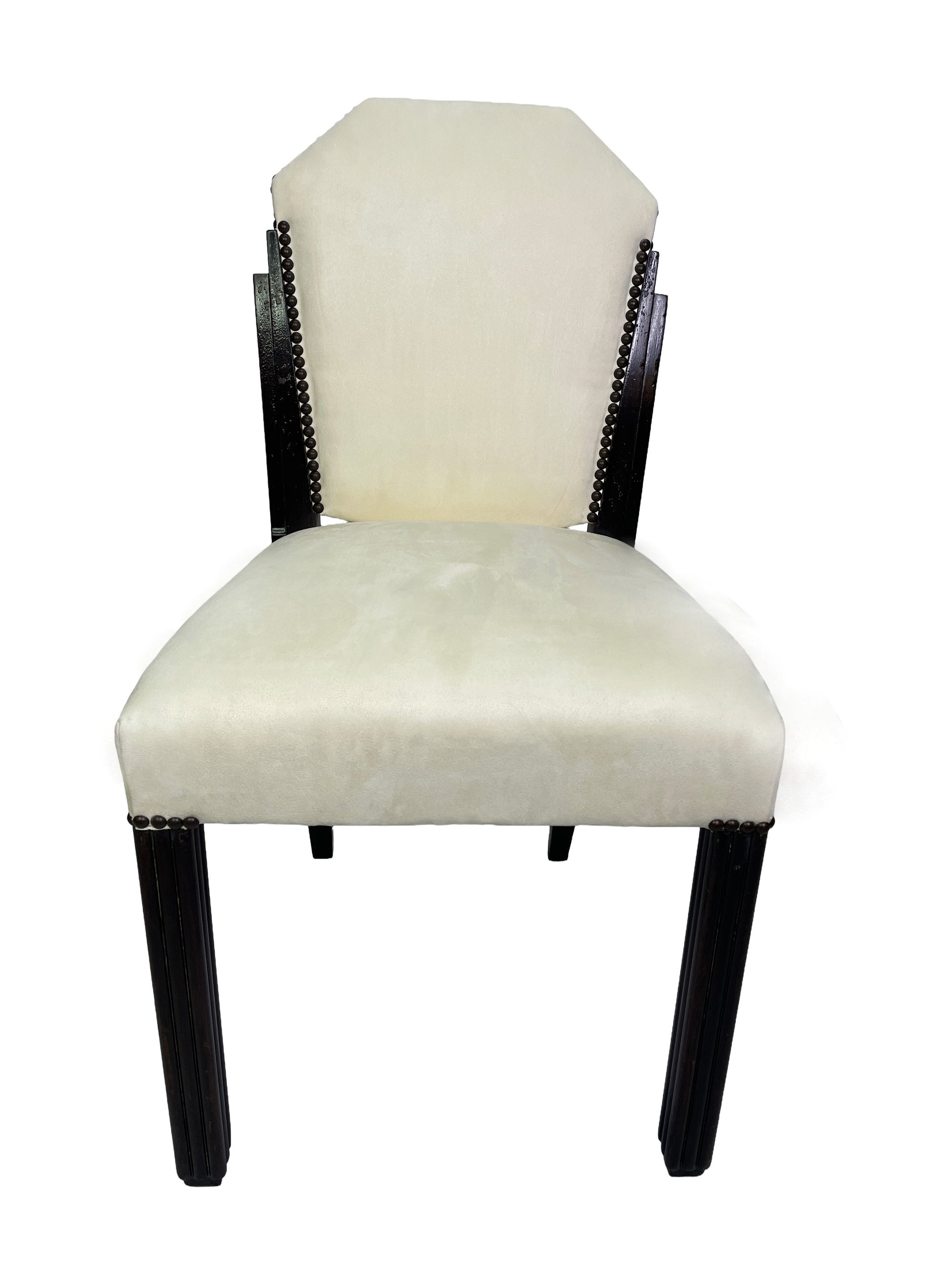 Front view of a vintage Art Deco style side chair with ivory suede-like upholstery, nailhead trim, and dark mahogany wood frame.