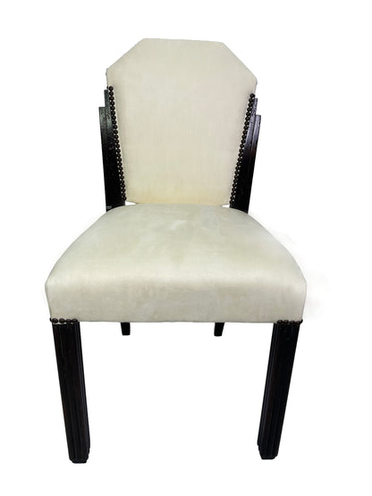 Front view of a vintage Art Deco style side chair with ivory suede-like upholstery, nailhead trim, and dark mahogany wood frame.