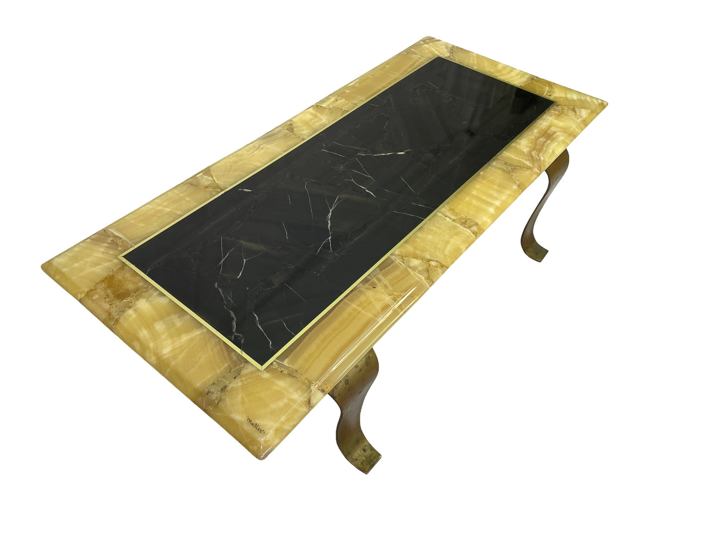 Perspective view of Arturo Pani for Muller two-tone onyx coffee table with sculptural bronze legs