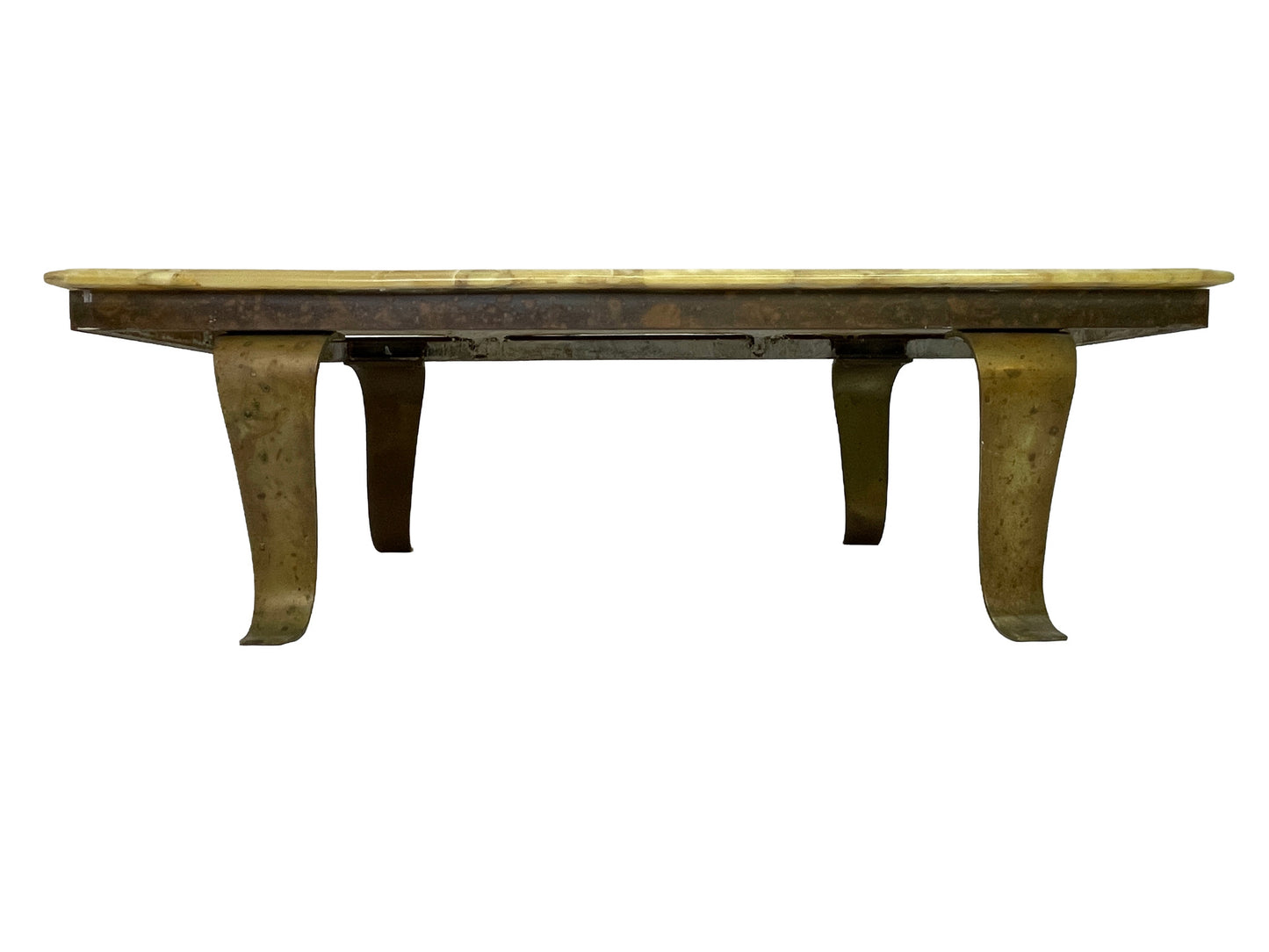 Side profile of vintage Arturo Pani for Muller coffee table with sculptural bronze legs and onyx top
