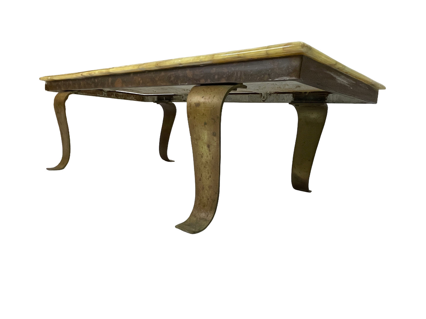 Underside view of Arturo Pani for Muller coffee table showing sculptural bronze legs and patina