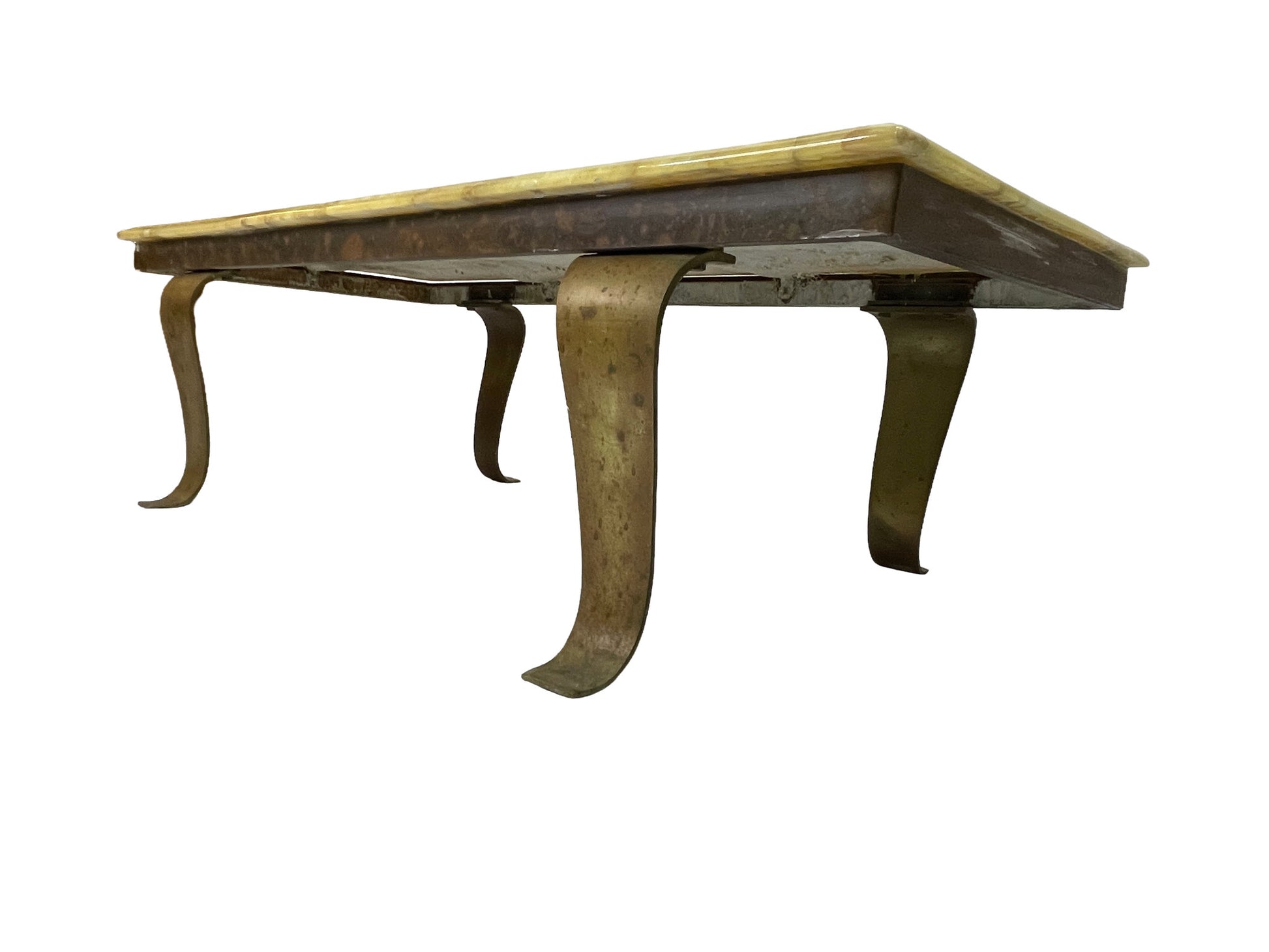 Underside view of Arturo Pani for Muller coffee table showing sculptural bronze legs and patina