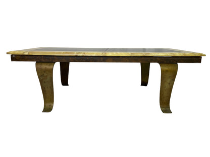 Side profile of vintage Arturo Pani for Muller bronze and onyx coffee table with curved legs