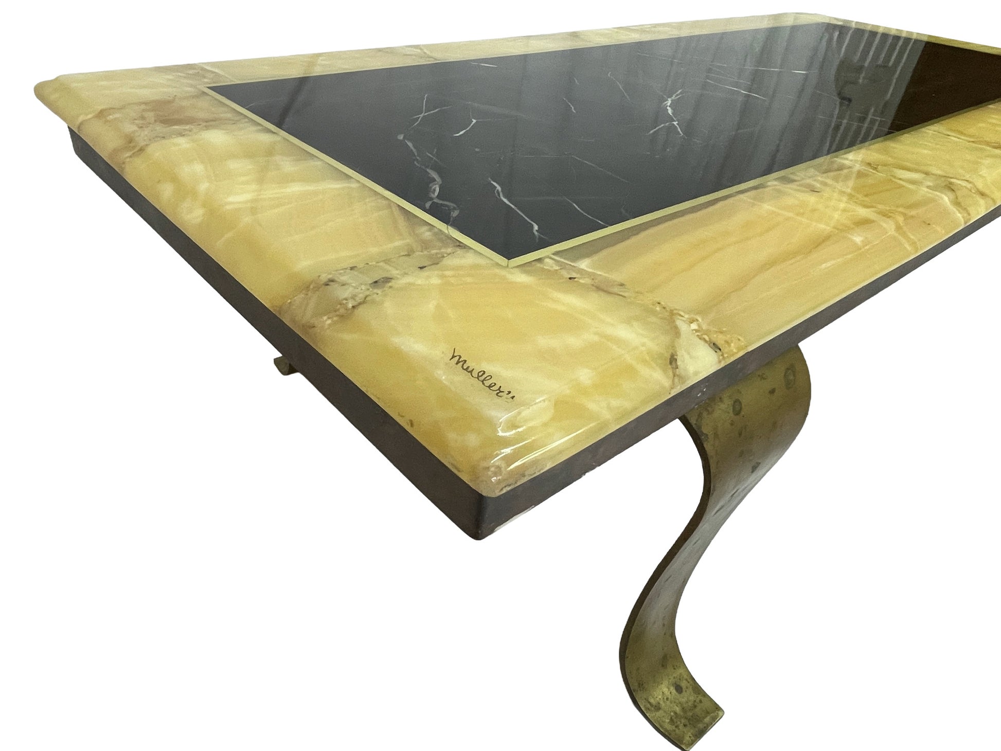 Corner detail of Arturo Pani for Muller coffee table with polished onyx top and bronze leg patina