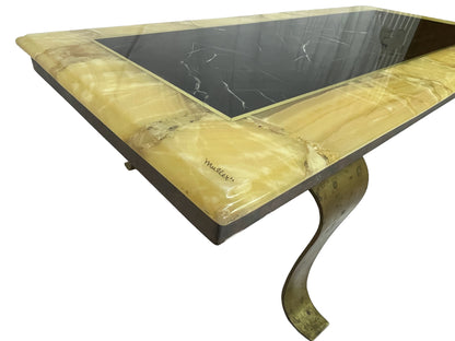 Corner detail of Arturo Pani for Muller coffee table with polished onyx top and bronze leg patina
