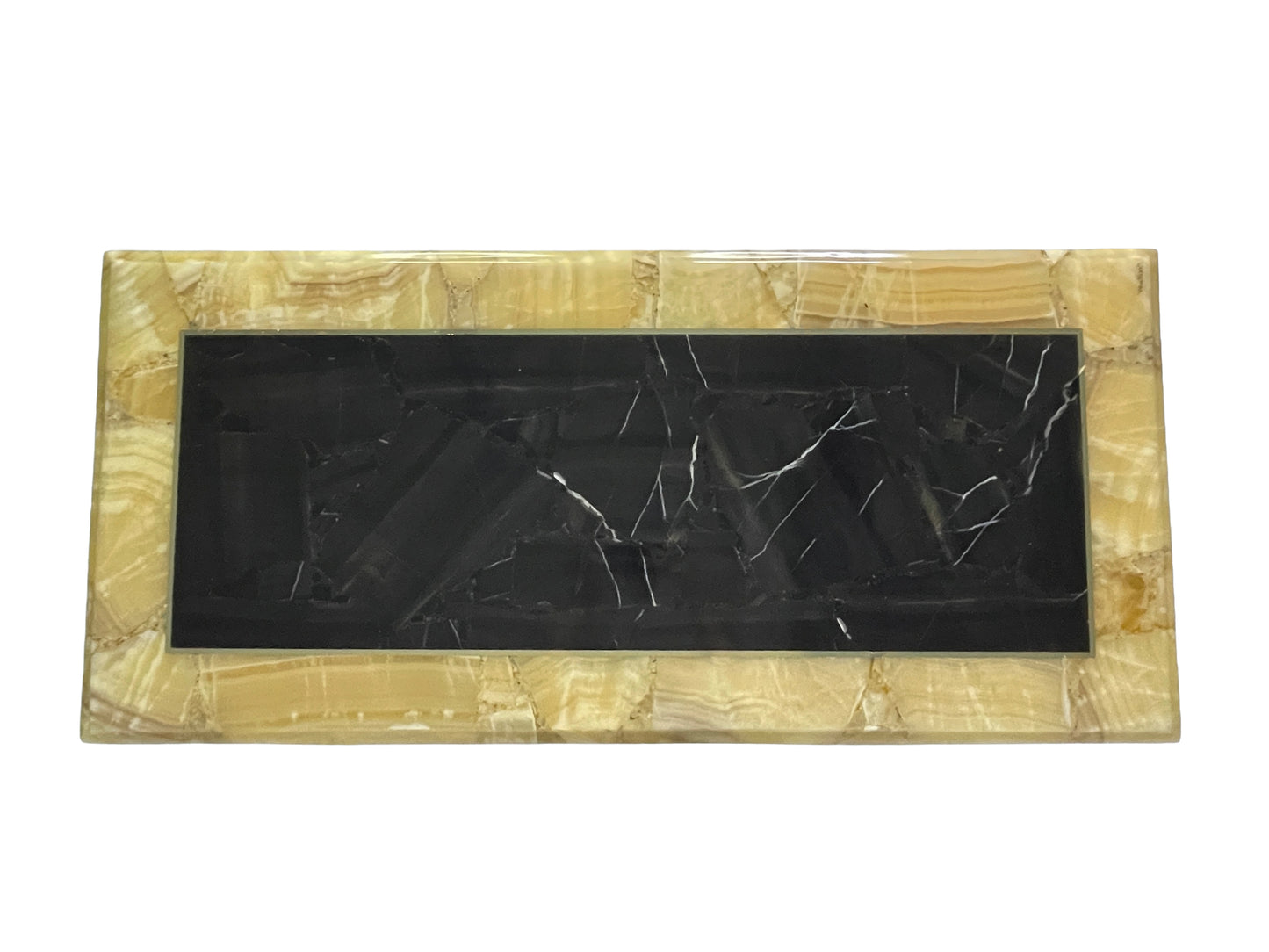 Top view of vintage Arturo Pani for Muller coffee table with black and yellow onyx surface